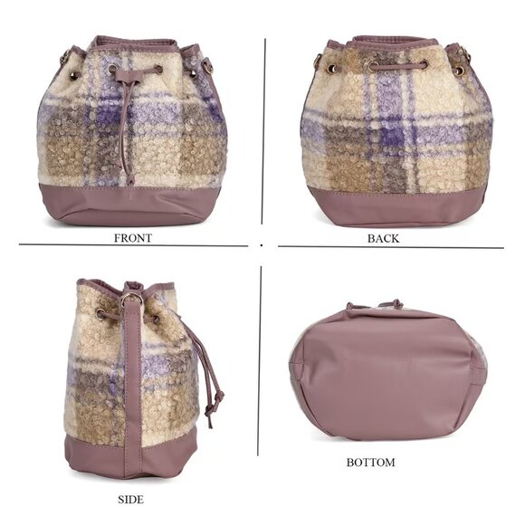 Purple/Tan Bucket Bag with Checker Pattern Faux Fur Design - Picture 5 of 6